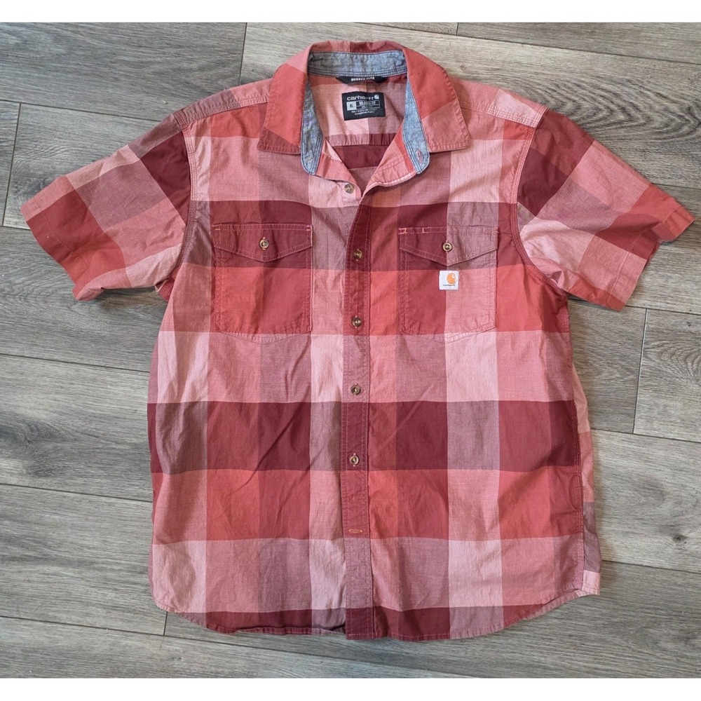 Carhartt Mens XL Short Sleeve Button Down Red Plaid Rugged Flex 104623-R37